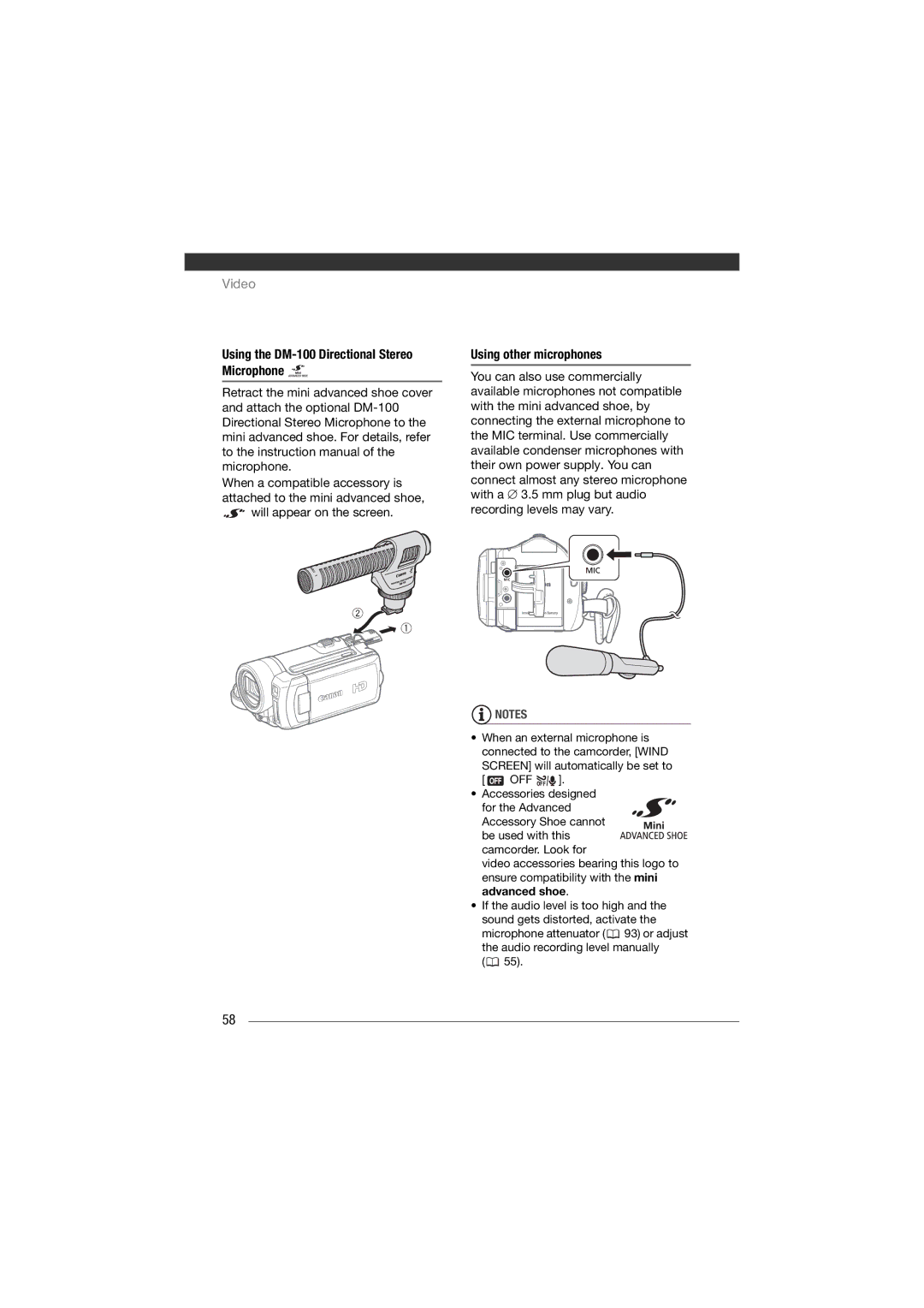 Canon HF11 instruction manual Using the DM-100 Directional Stereo Microphone, Using other microphones 