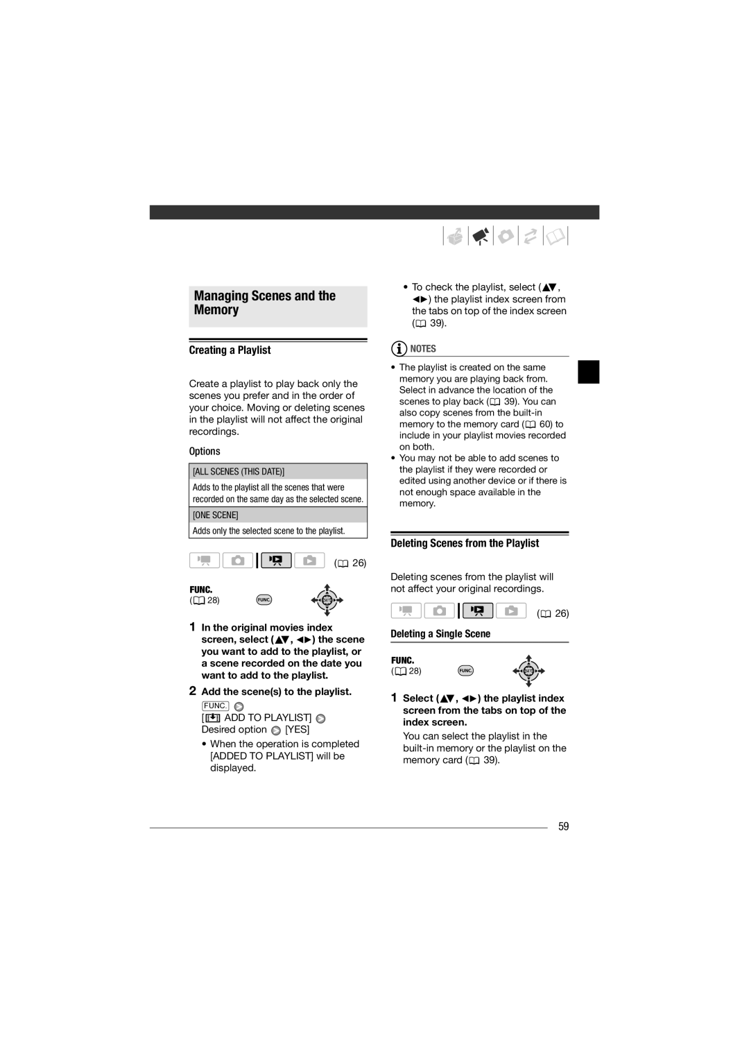 Canon HF11 instruction manual Managing Scenes and the Memory, Creating a Playlist, Deleting Scenes from the Playlist 