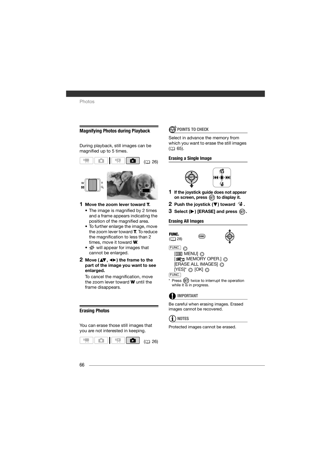 Canon HF11 Magnifying Photos during Playback, Erasing Photos, Move the zoom lever toward T, Memory Oper Erase ALL Images 