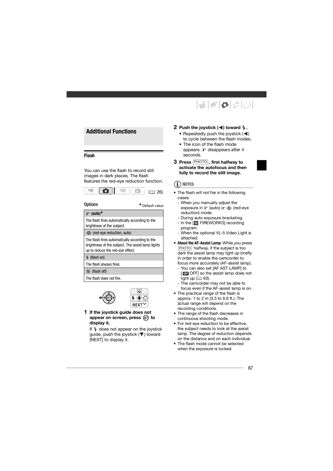 Canon HF11 instruction manual Additional Functions, Flash, Icon of the flash mode Appears. disappears after 4 seconds 