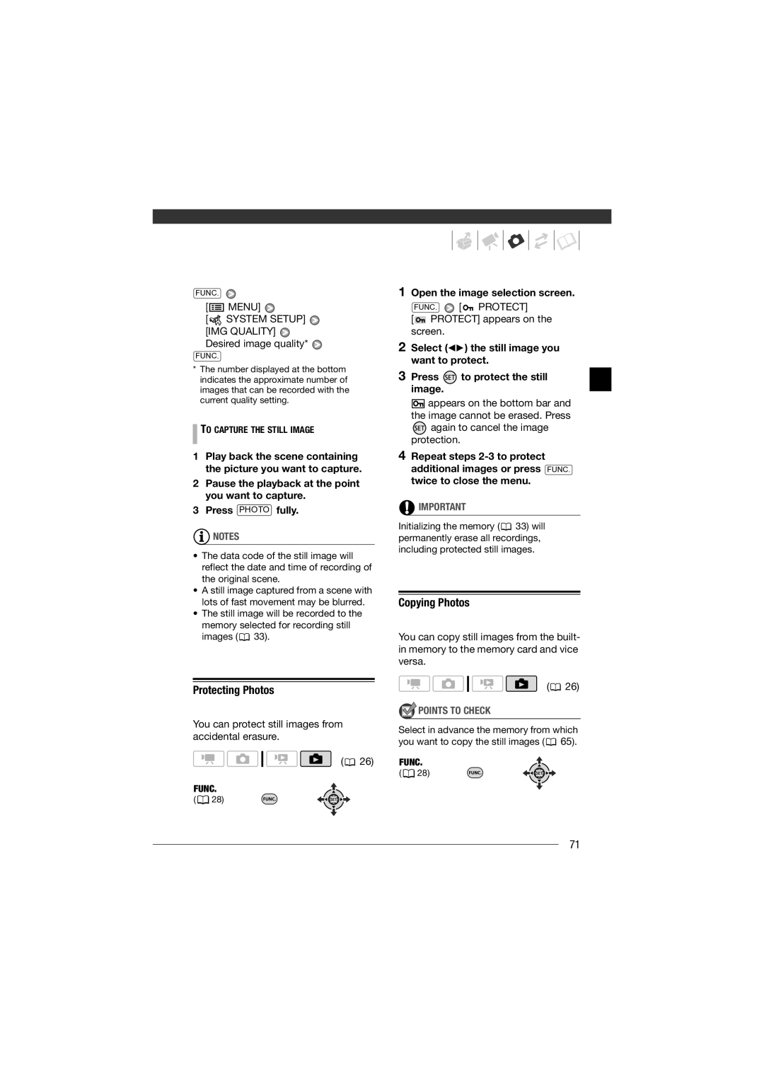 Canon HF11 instruction manual Protecting Photos, Copying Photos, Open the image selection screen, FUNC. Protect 