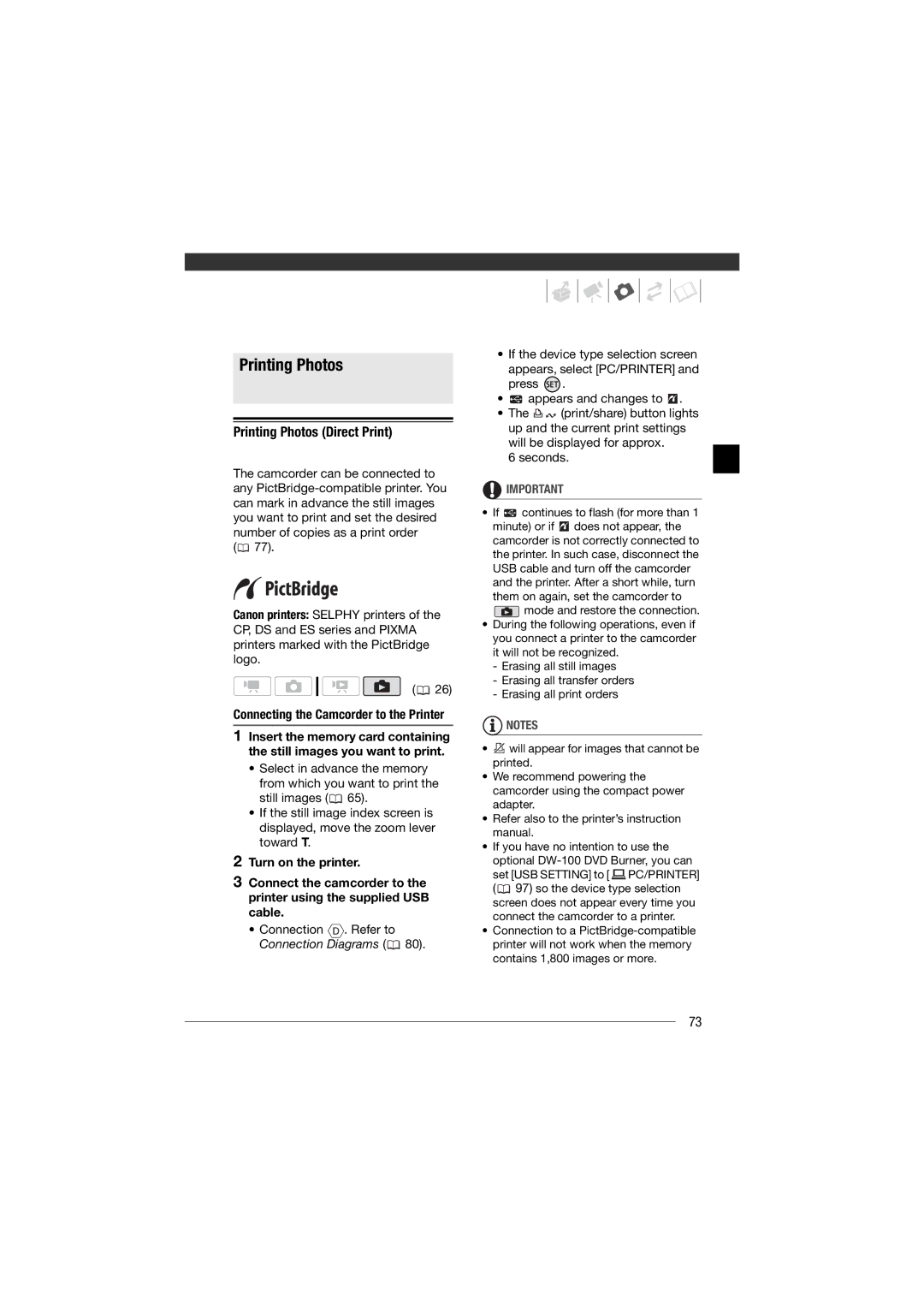 Canon HF11 instruction manual Printing Photos Direct Print, Connection . Refer to Connection Diagrams 