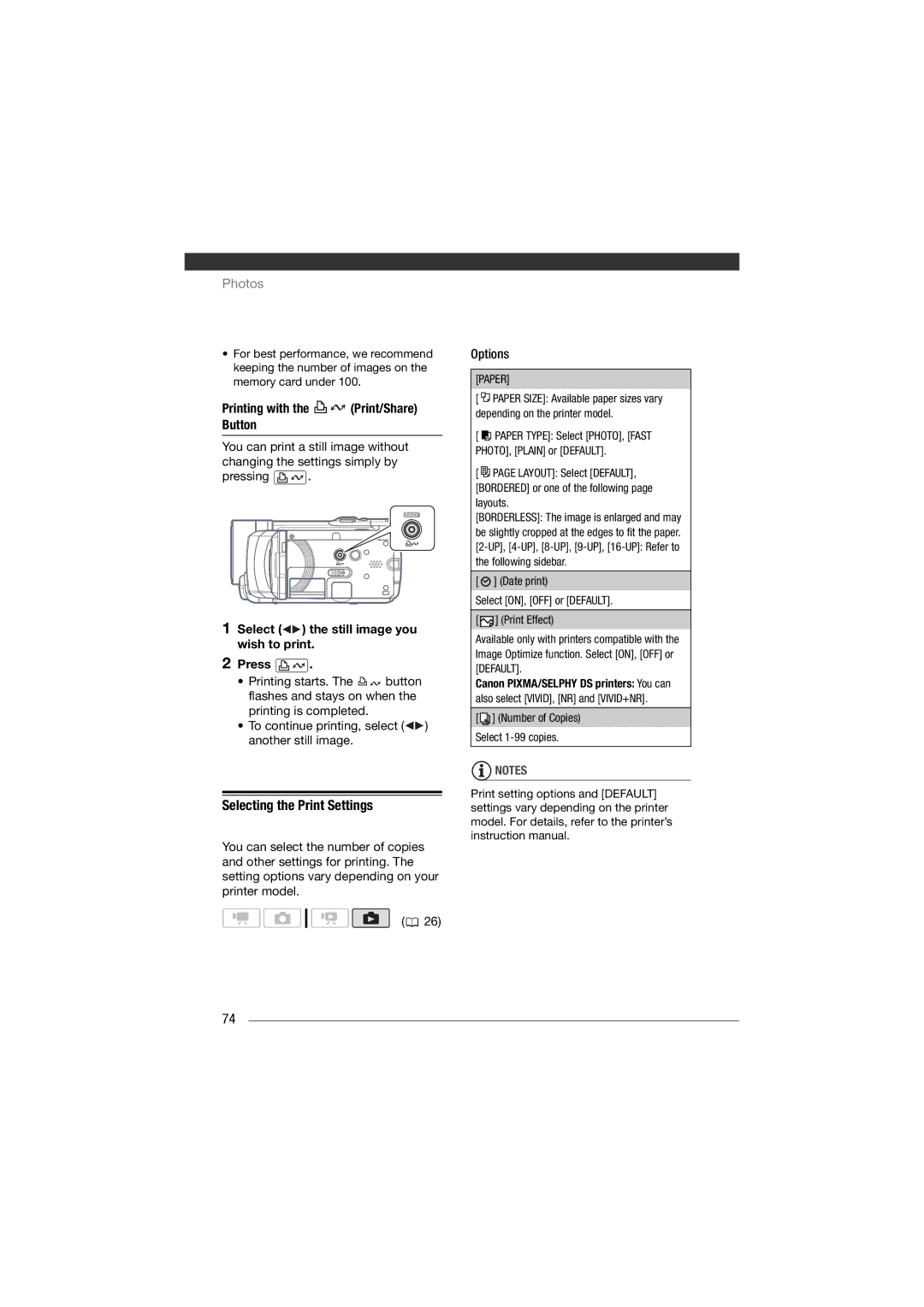 Canon HF11 instruction manual Selecting the Print Settings, Printing with the Print/Share Button, Paper 