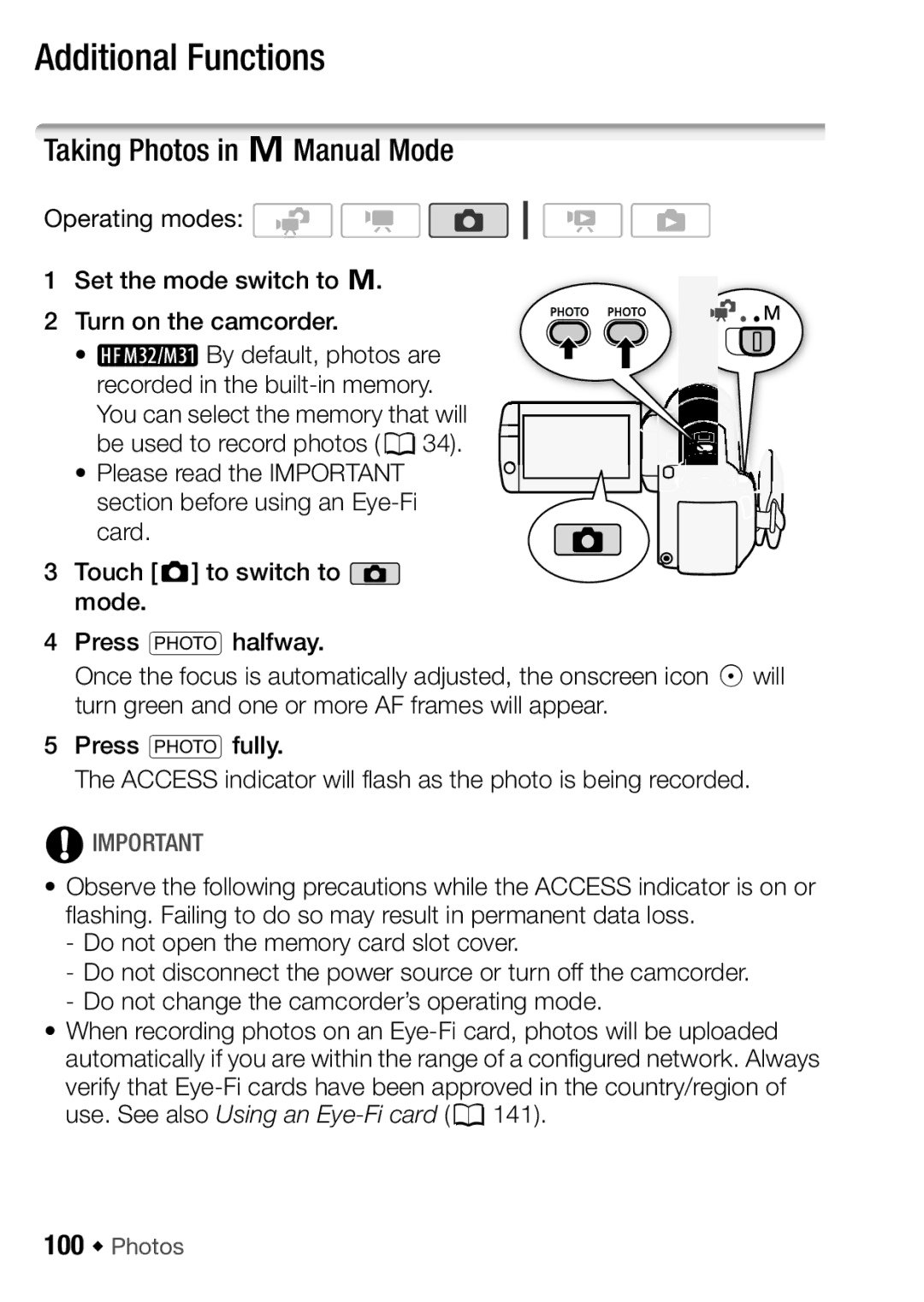 Canon HF M31, HFM32, HF M300 instruction manual Additional Functions, Taking Photos in yManual Mode, 100 Š Photos 