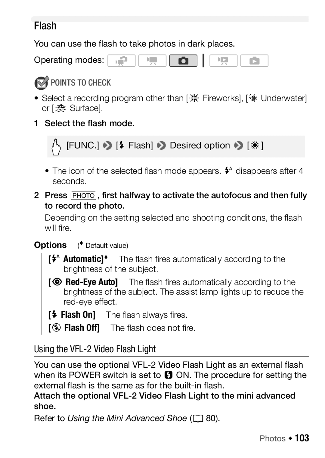 Canon HF M31, HFM32, HF M300 instruction manual Using the VFL-2 Video Flash Light 