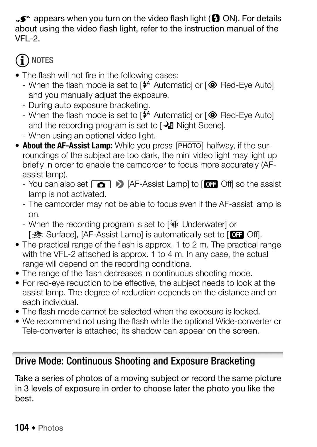 Canon HF M300, HFM32, HF M31 instruction manual Drive Mode Continuous Shooting and Exposure Bracketing, 104 Š Photos 