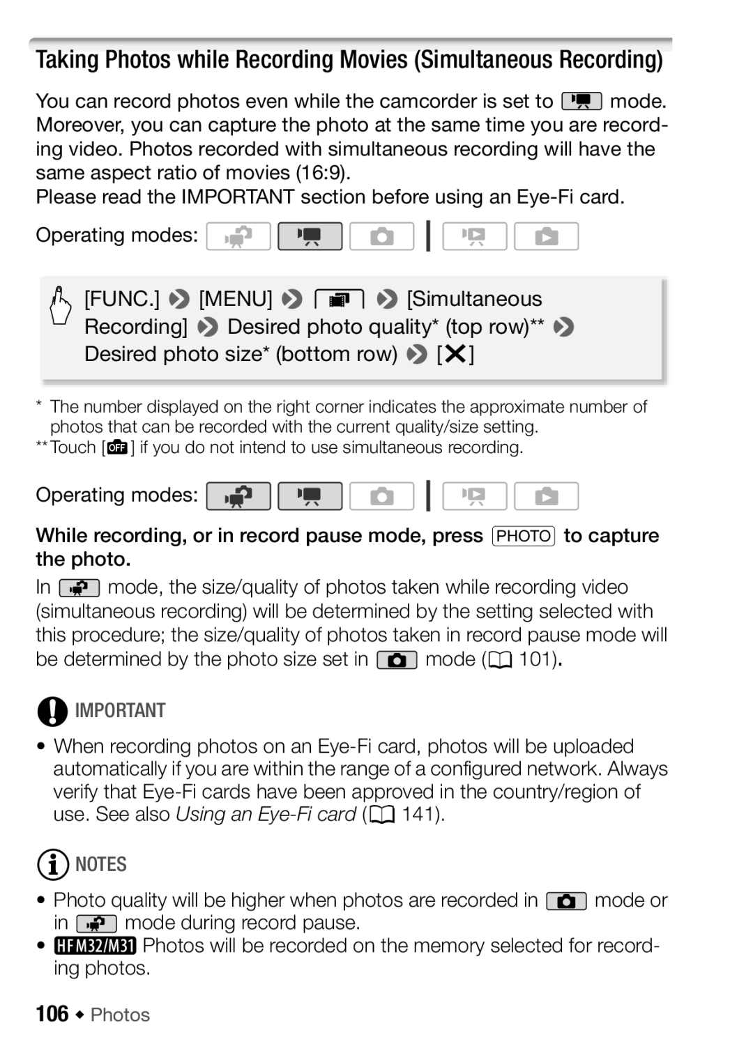 Canon HF M31, HFM32, HF M300 instruction manual Taking Photos while Recording Movies Simultaneous Recording, 106 Š Photos 