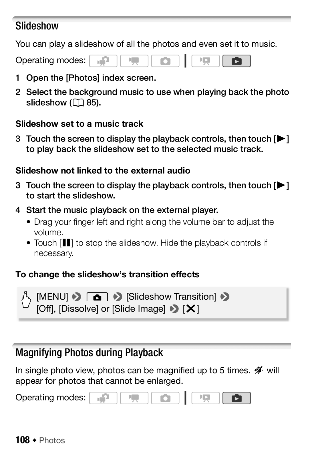 Canon HFM32, HF M31, HF M300 instruction manual Magnifying Photos during Playback, Slideshow set to a music track 