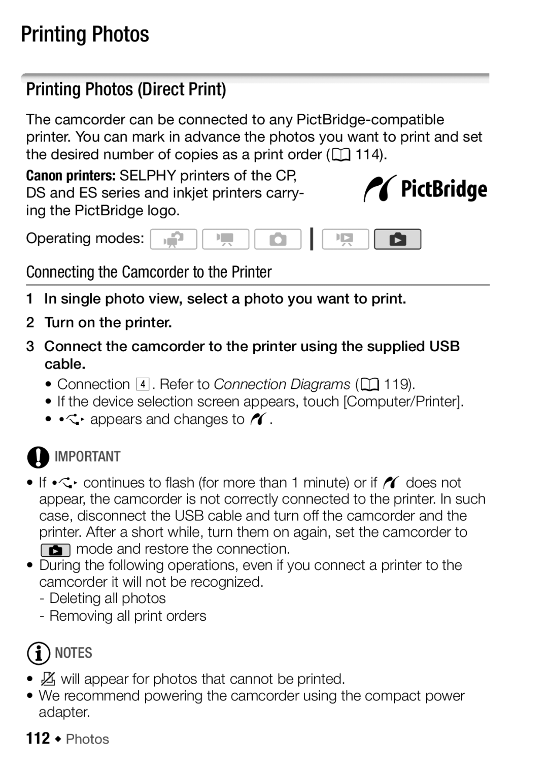 Canon HF M31, HFM32, HF M300 Printing Photos Direct Print, Connecting the Camcorder to the Printer, 112 Š Photos 