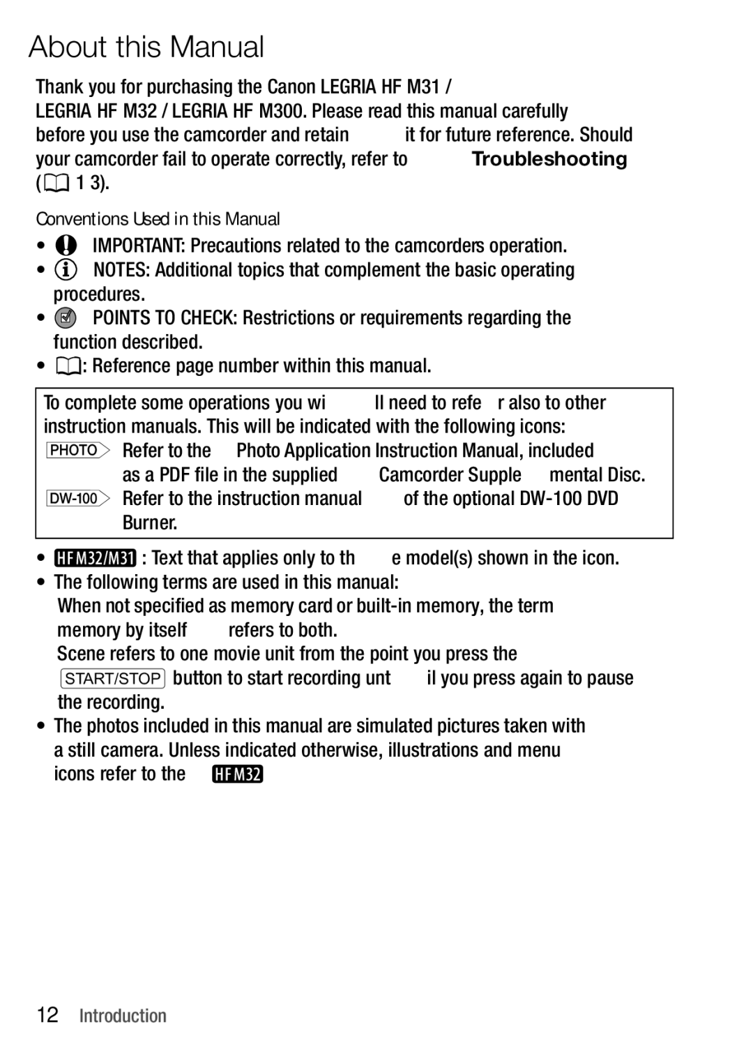 Canon HFM32, HF M31, HF M300 instruction manual About this Manual, 12 Š Introduction 