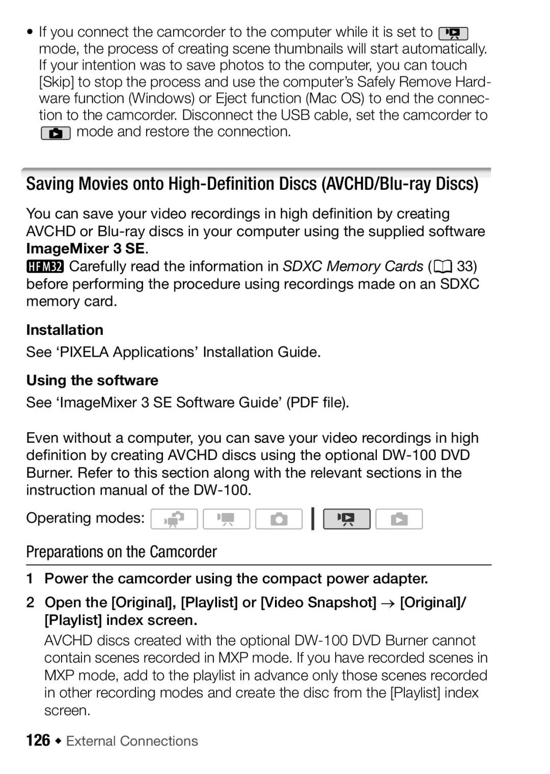 Canon HFM32, HF M31, HF M300 instruction manual Preparations on the Camcorder, 126 Š External Connections 