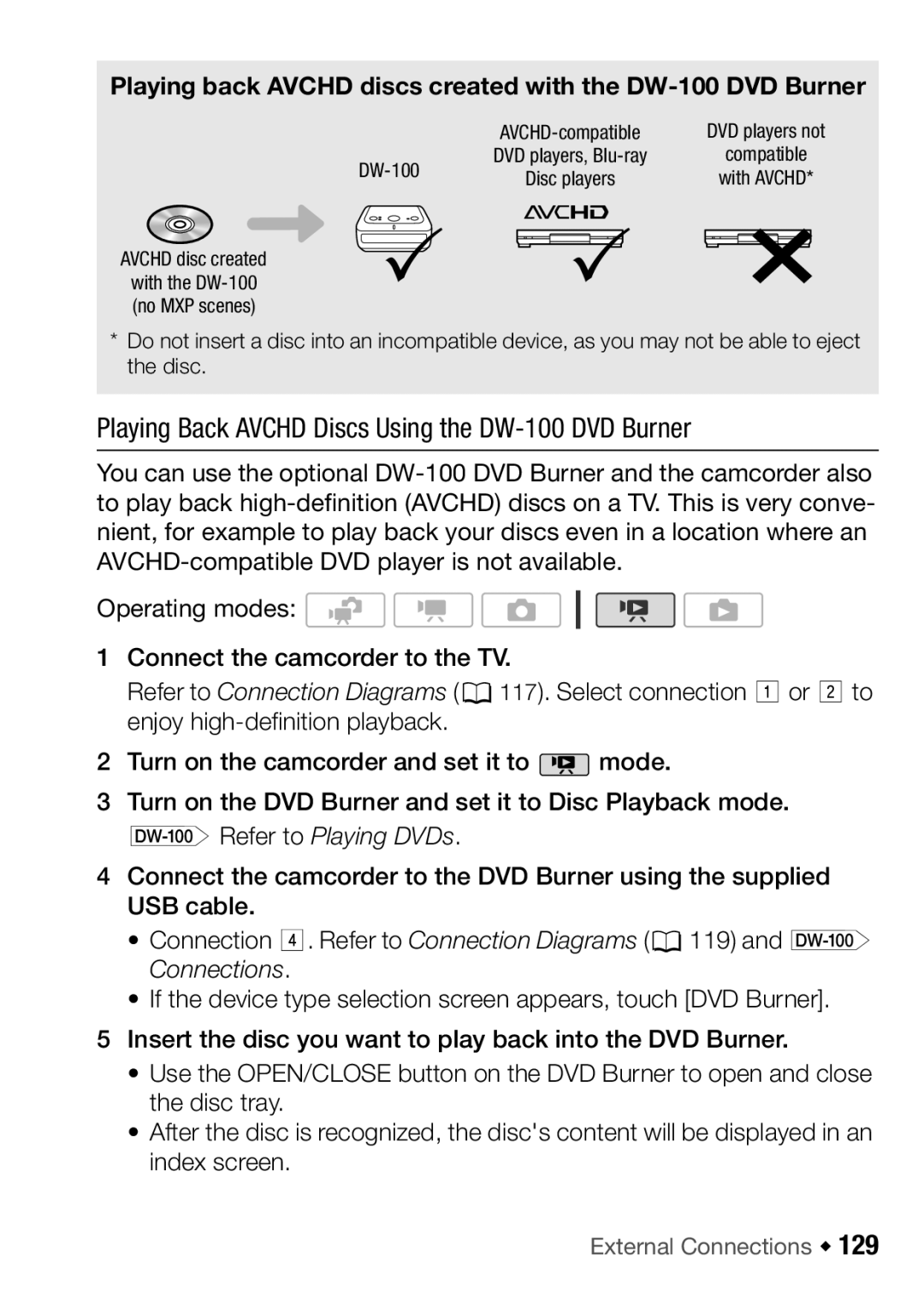 Canon HFM32, HF M31, HF M300 instruction manual Playing Back Avchd Discs Using the DW-100 DVD Burner 