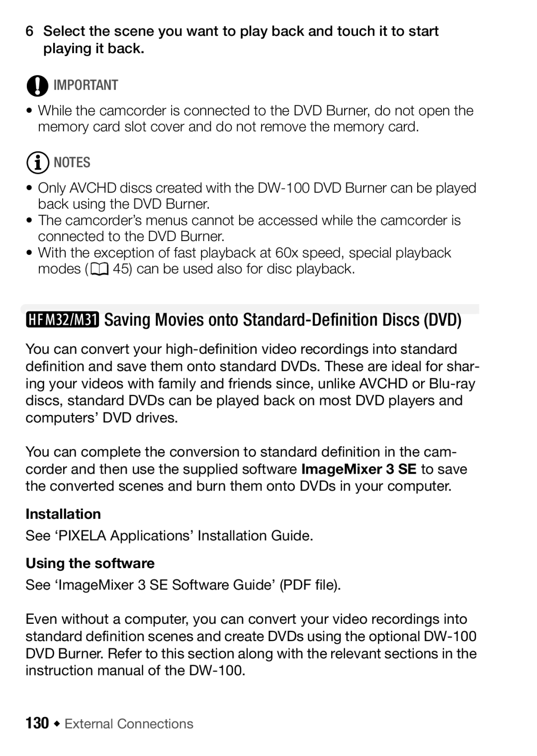 Canon HF M31, HFM32, HF M300 instruction manual Saving Movies onto Standard-Definition Discs DVD, 130 Š External Connections 