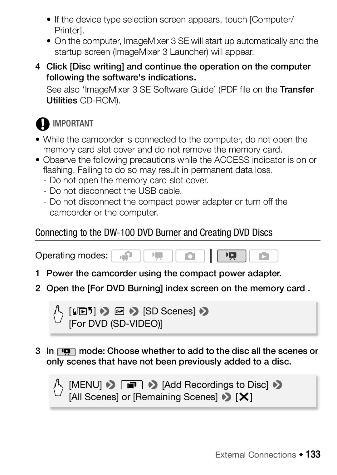 Canon HF M31, HFM32, HF M300 instruction manual Connecting to the DW-100 DVD Burner and Creating DVD Discs 