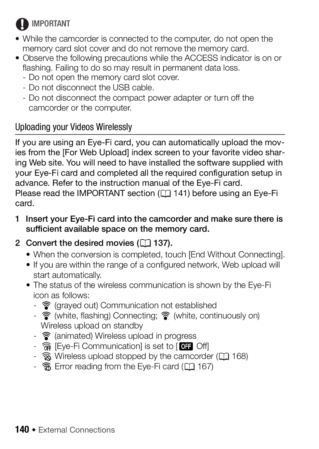 Canon HF M300, HFM32, HF M31 instruction manual Uploading your Videos Wirelessly, 140 Š External Connections 