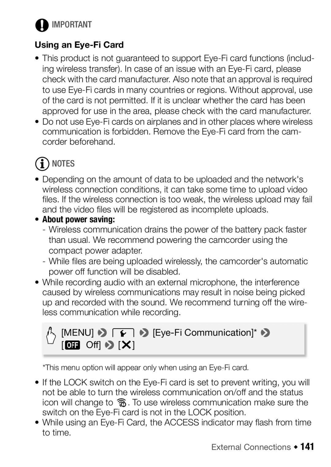 Canon HFM32, HF M31 Using an Eye-Fi Card, About power saving, This menu option will appear only when using an Eye-Fi card 