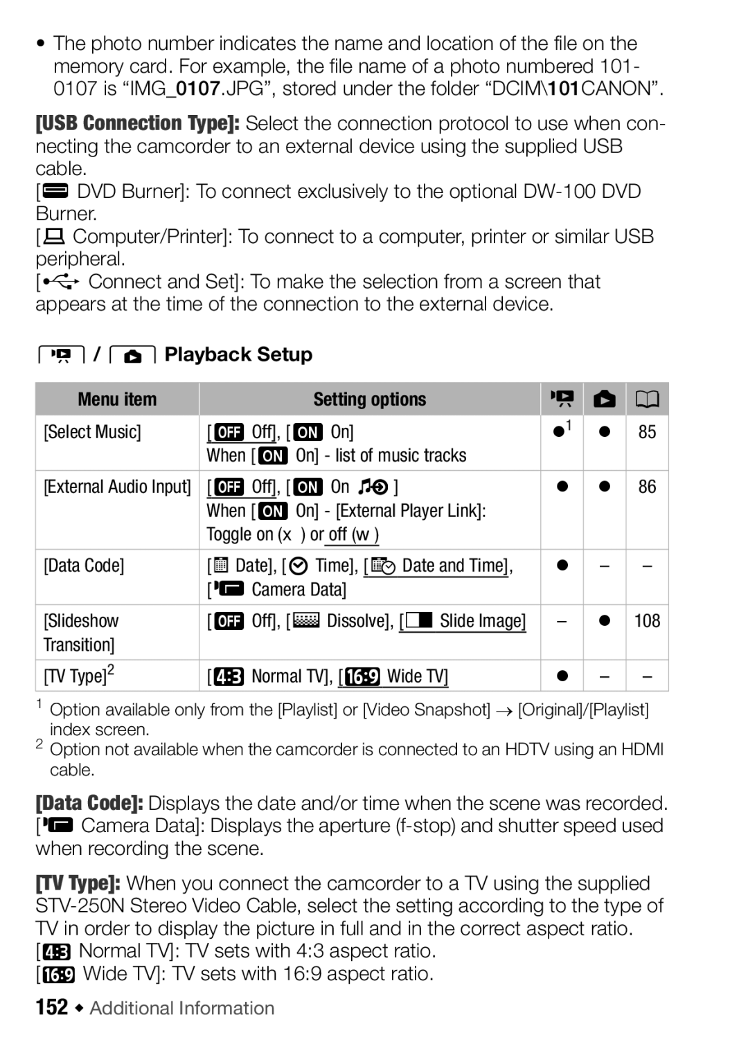 Canon HF M300, HFM32, HF M31 instruction manual ZPlayback Setup, 152 Š Additional Information 