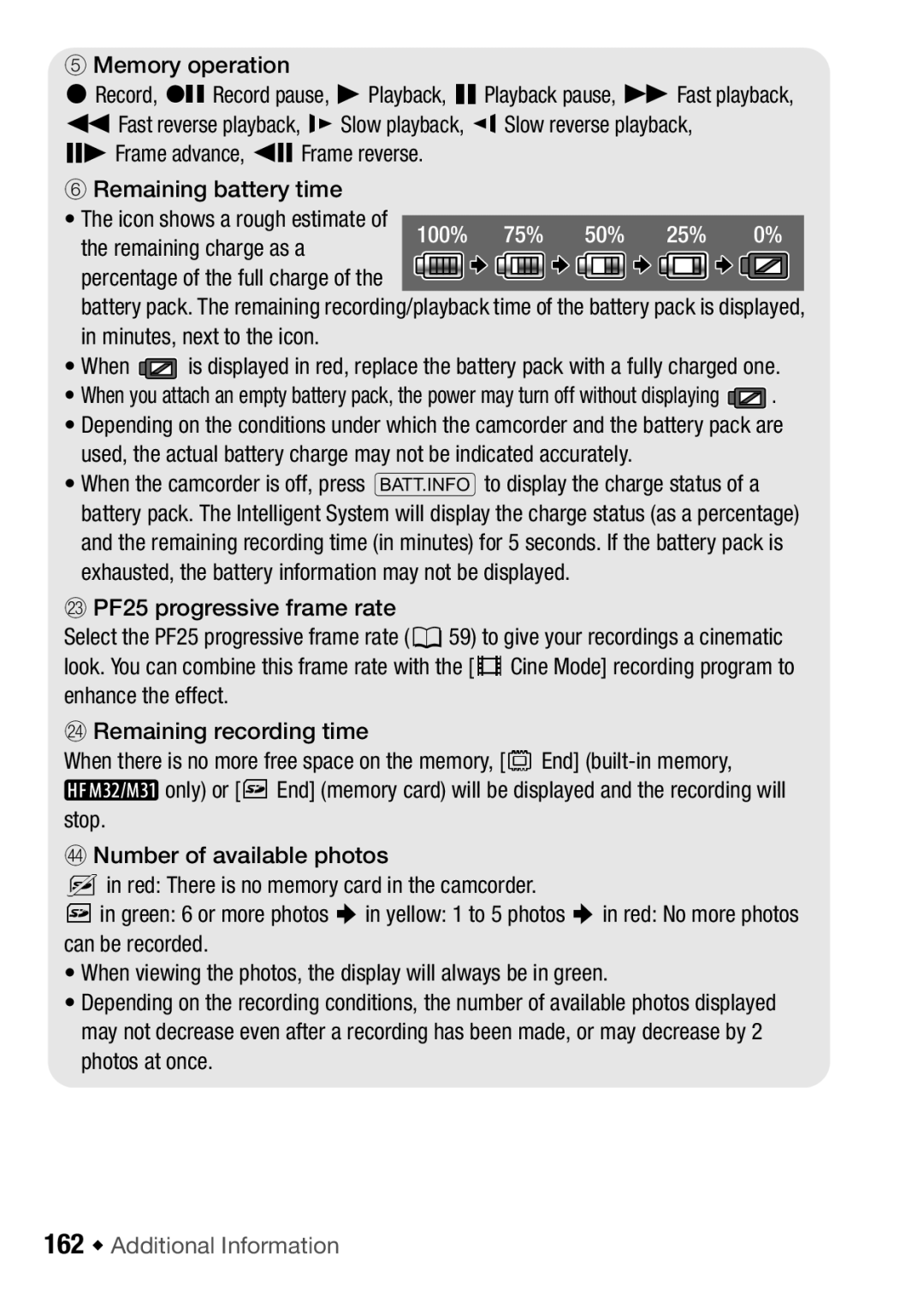 Canon HFM32, HF M31, HF M300 instruction manual 100% 75% 50% 25% Remaining charge as a, 162 Š Additional Information 