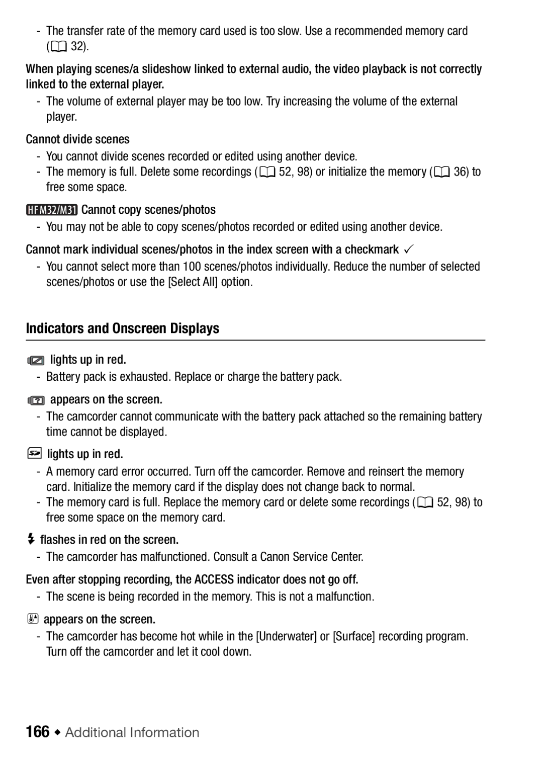 Canon HF M31, HFM32, HF M300 instruction manual Indicators and Onscreen Displays, 166 Š Additional Information 