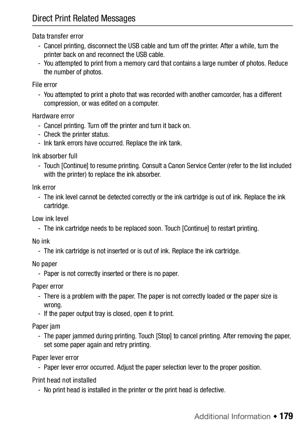 Canon HF M300, HFM32, HF M31 instruction manual Direct Print Related Messages 