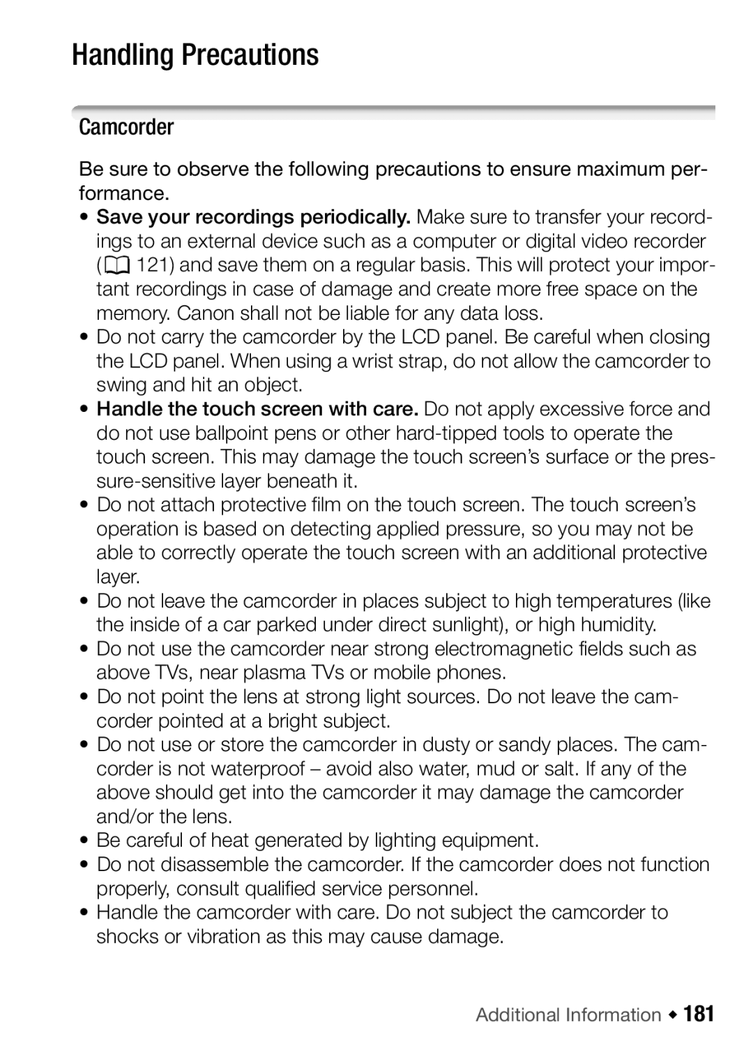 Canon HF M31, HFM32, HF M300 instruction manual Handling Precautions, Camcorder 