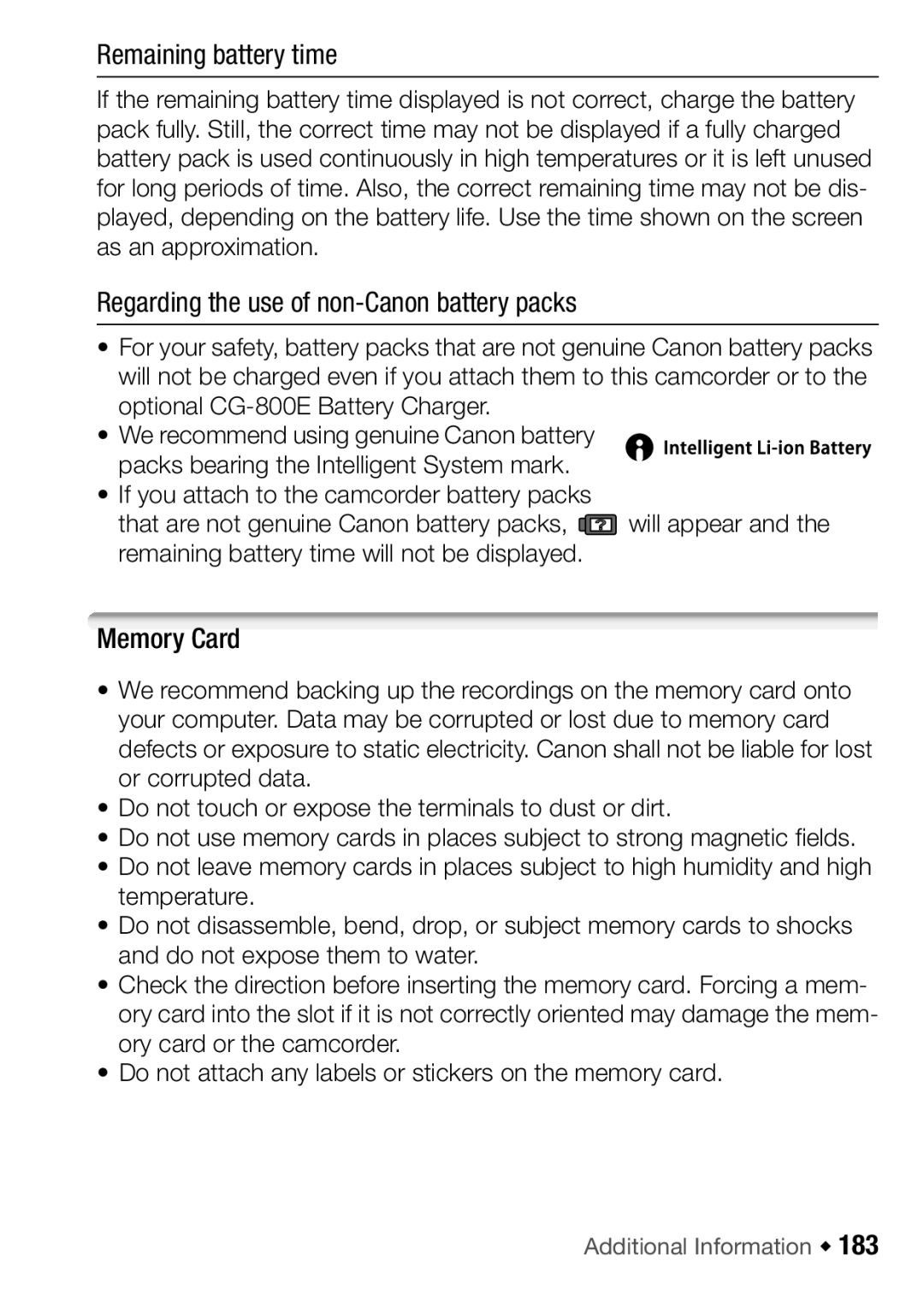 Canon HFM32, HF M31, HF M300 Remaining battery time, Regarding the use of non-Canon battery packs, Memory Card 