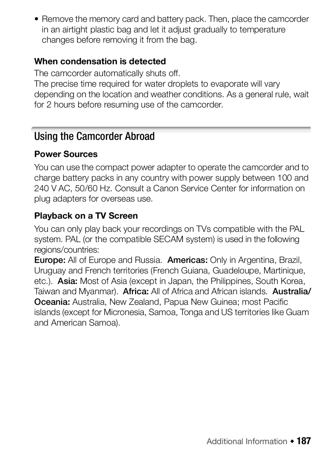 Canon HF M31, HFM32 Using the Camcorder Abroad, When condensation is detected, Power Sources, Playback on a TV Screen 