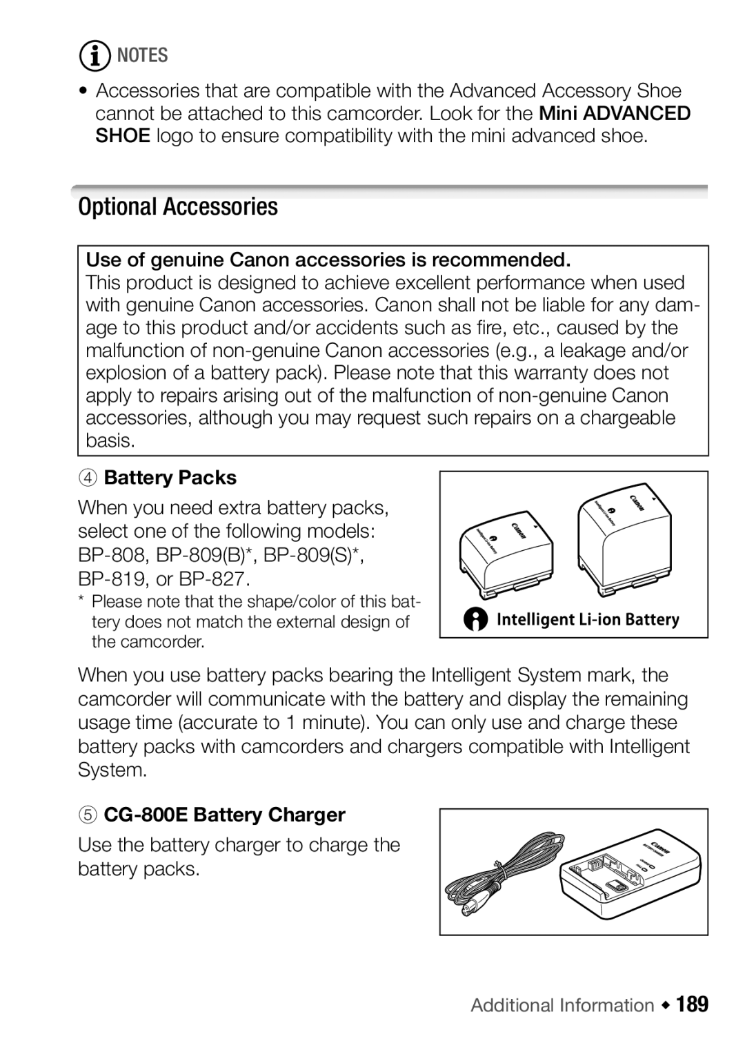 Canon HFM32, HF M31, HF M300 instruction manual Optional Accessories, Battery Packs, CG-800E Battery Charger 