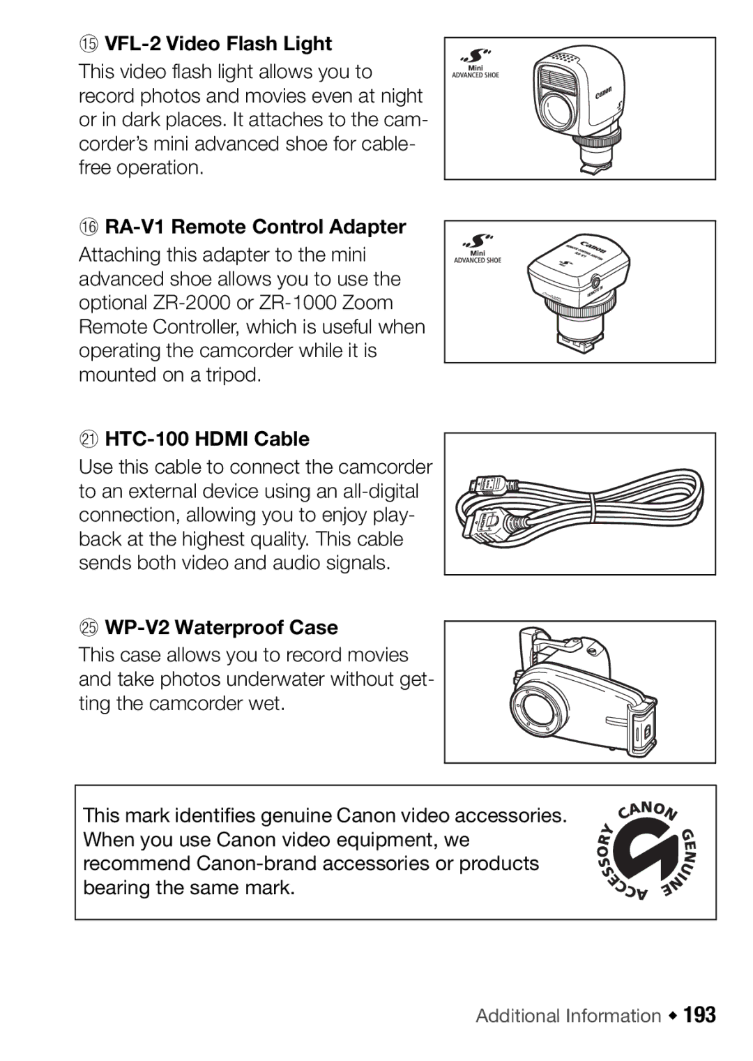 Canon HF M31 GA VFL-2 Video Flash Light, HA RA-V1 Remote Control Adapter, AS HTC-100 Hdmi Cable, GS WP-V2 Waterproof Case 