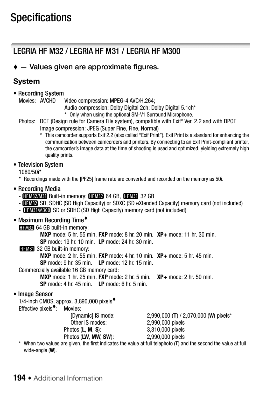 Canon HF M300, HFM32 Specifications, System, 194 Š Additional Information, Recording Media Built-in memory 64 GB, a32 GB 
