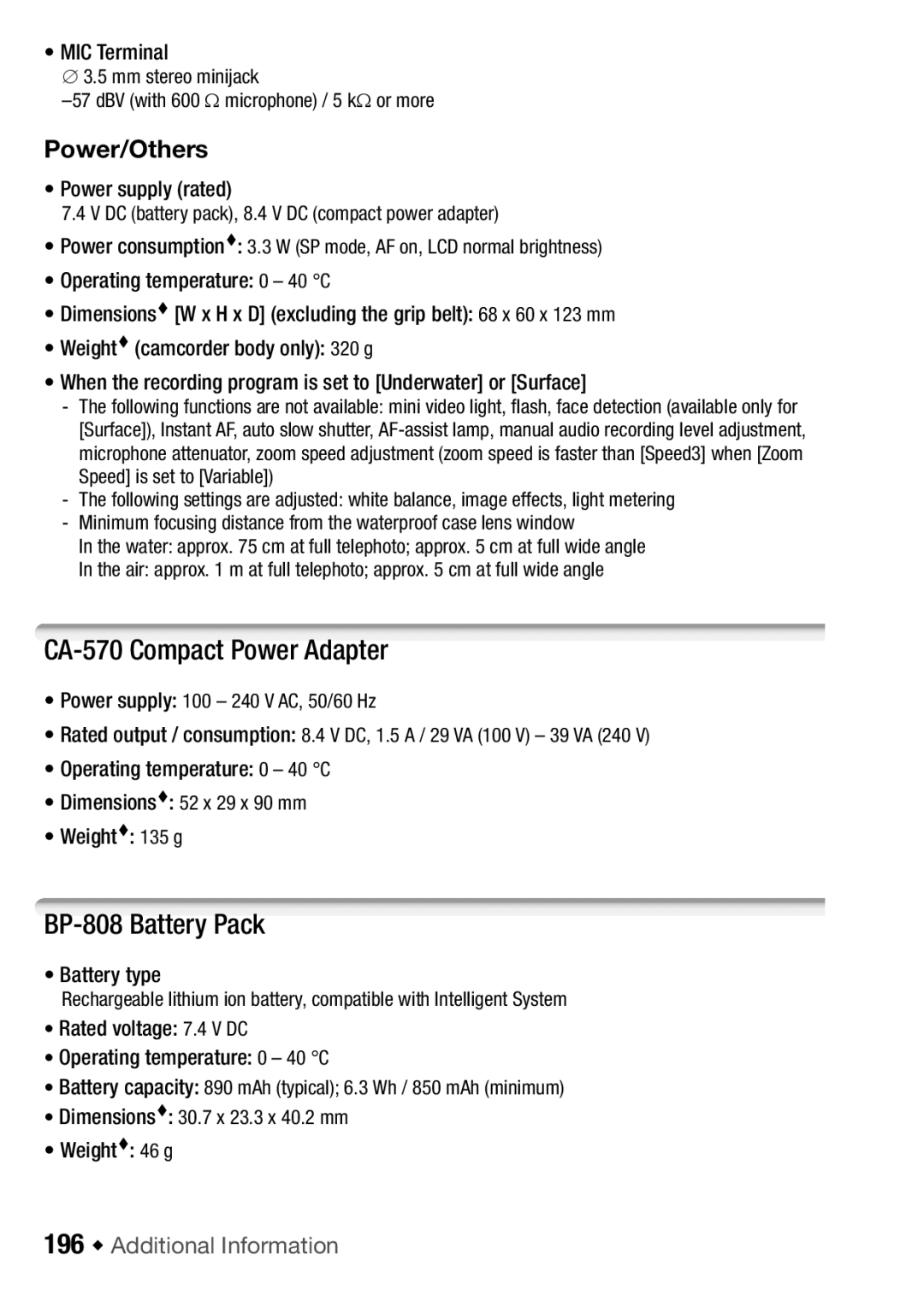 Canon HF M31, HFM32, HF M300 CA-570 Compact Power Adapter, BP-808 Battery Pack, Power/Others, 196 Š Additional Information 