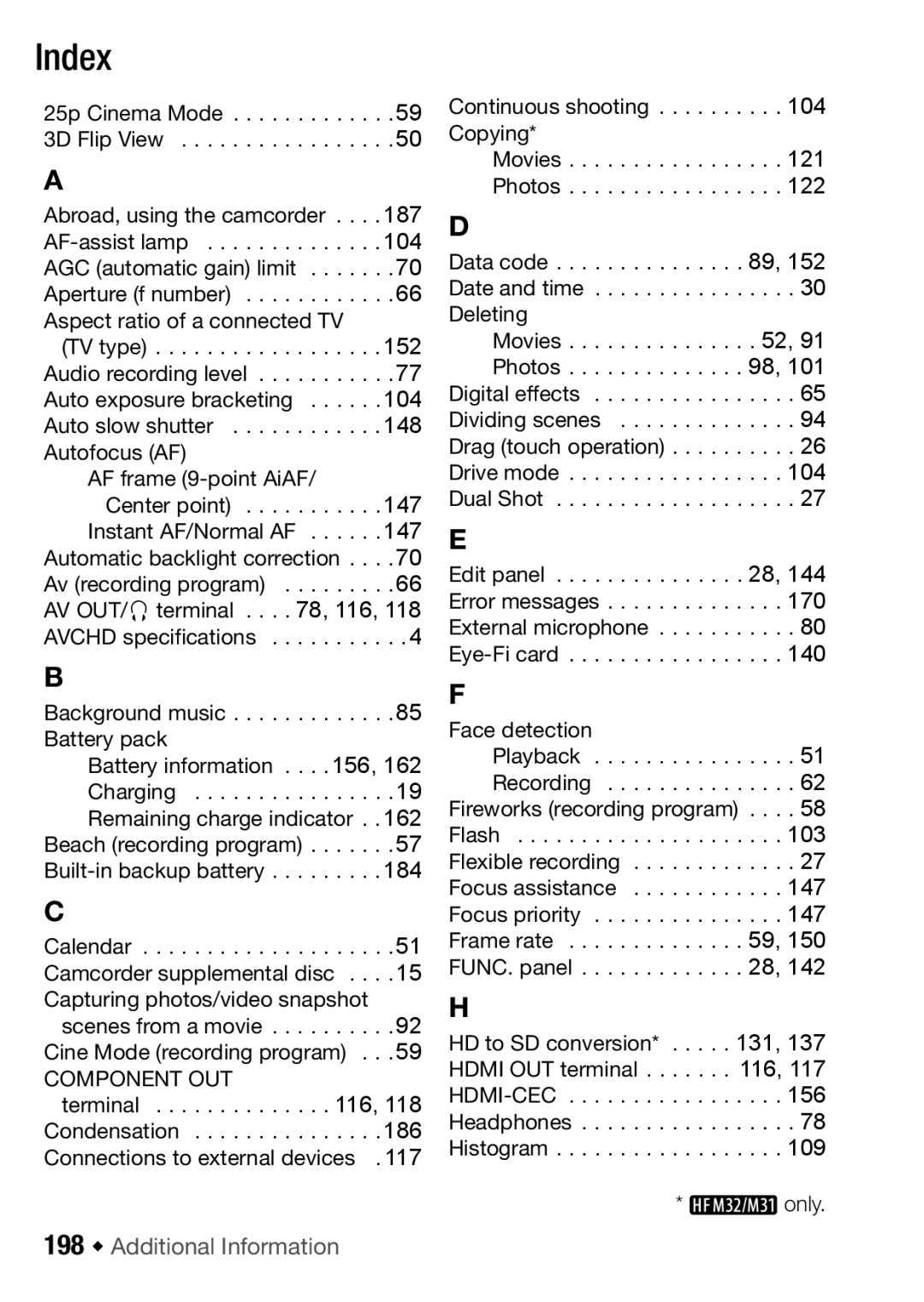 Canon HFM32, HF M31, HF M300 instruction manual Index, 198 Š Additional Information 