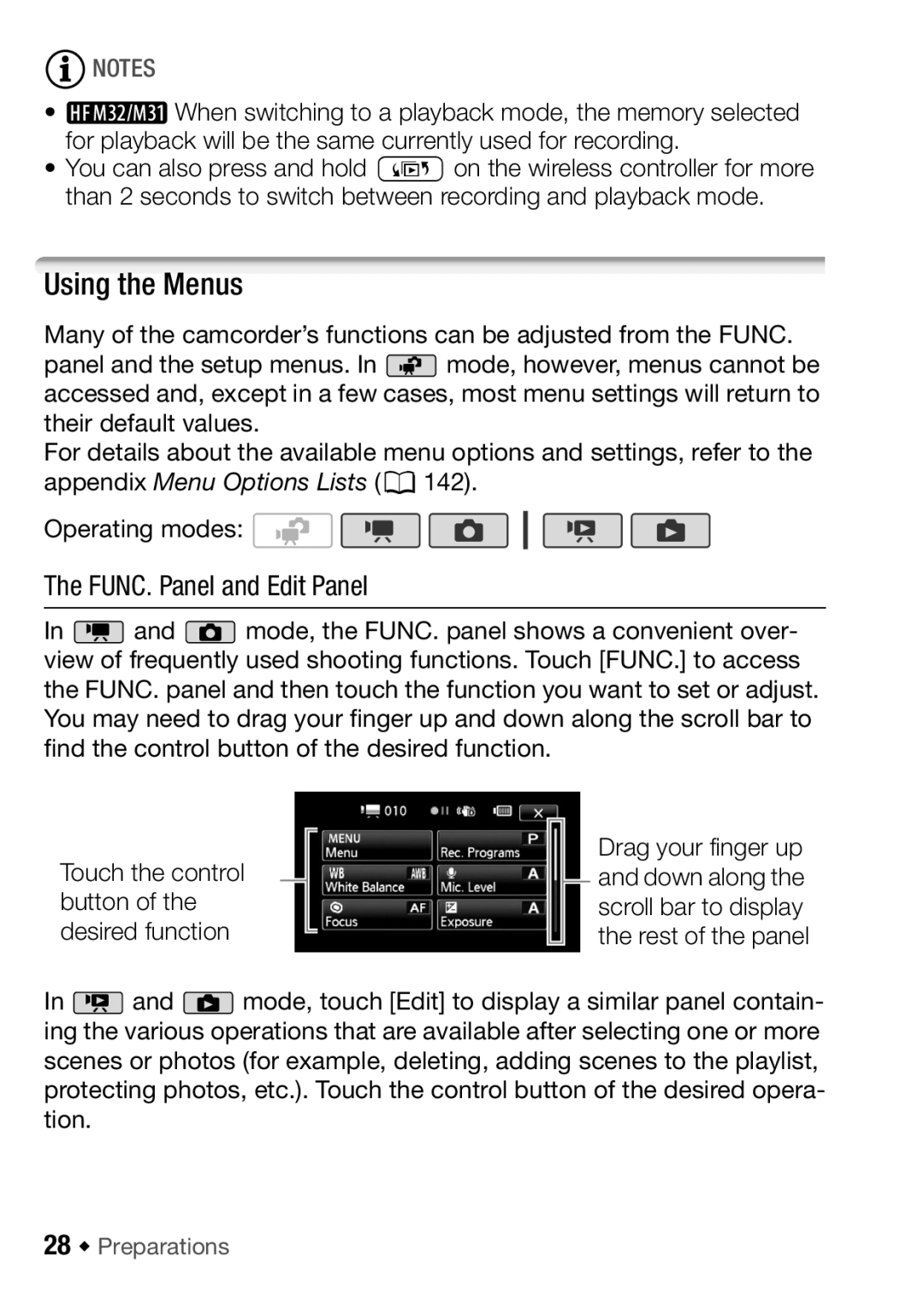 Canon HF M31, HFM32, HF M300 instruction manual Using the Menus, FUNC. Panel and Edit Panel, 28 Š Preparations 