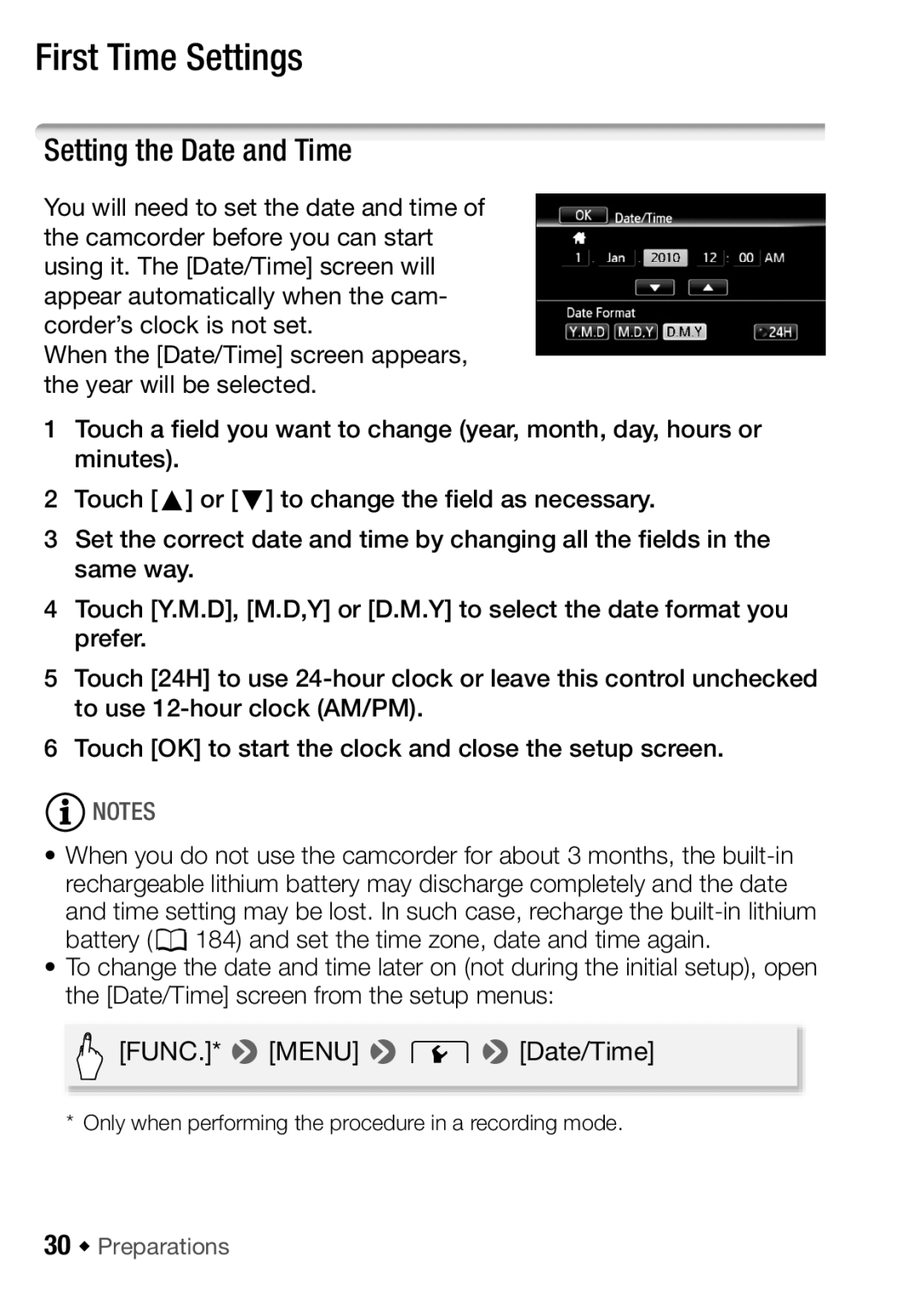 Canon HFM32, HF M31, HF M300 instruction manual First Time Settings, Setting the Date and Time, 30 Š Preparations 