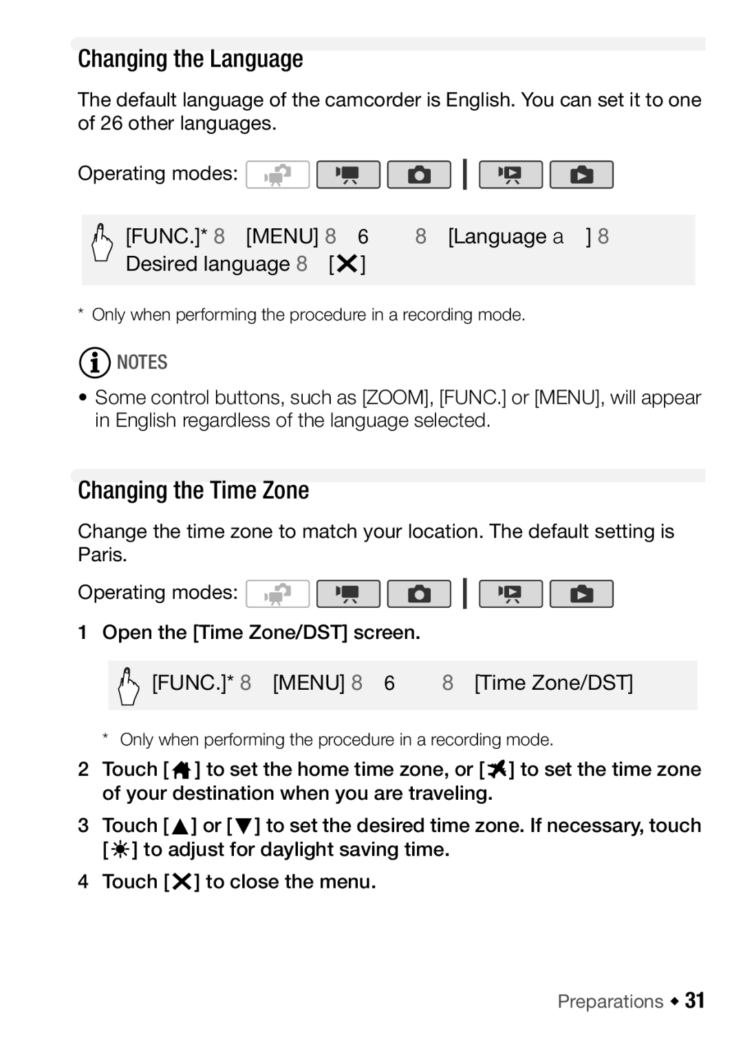 Canon HF M31, HFM32, HF M300 instruction manual Changing the Language, Changing the Time Zone 