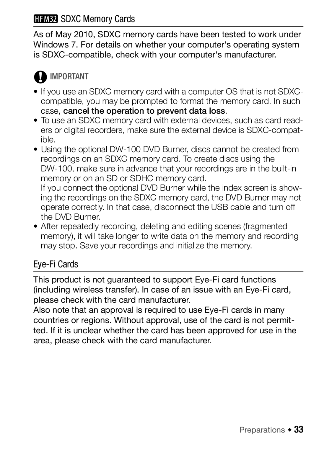 Canon HFM32, HF M31, HF M300 instruction manual Sdxc Memory Cards, Eye-Fi Cards 