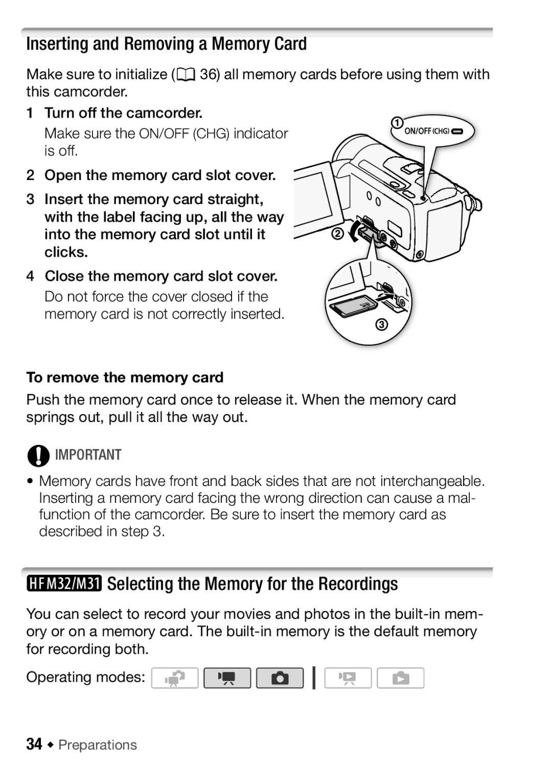 Canon HF M31 Inserting and Removing a Memory Card, Selecting the Memory for the Recordings, To remove the memory card 