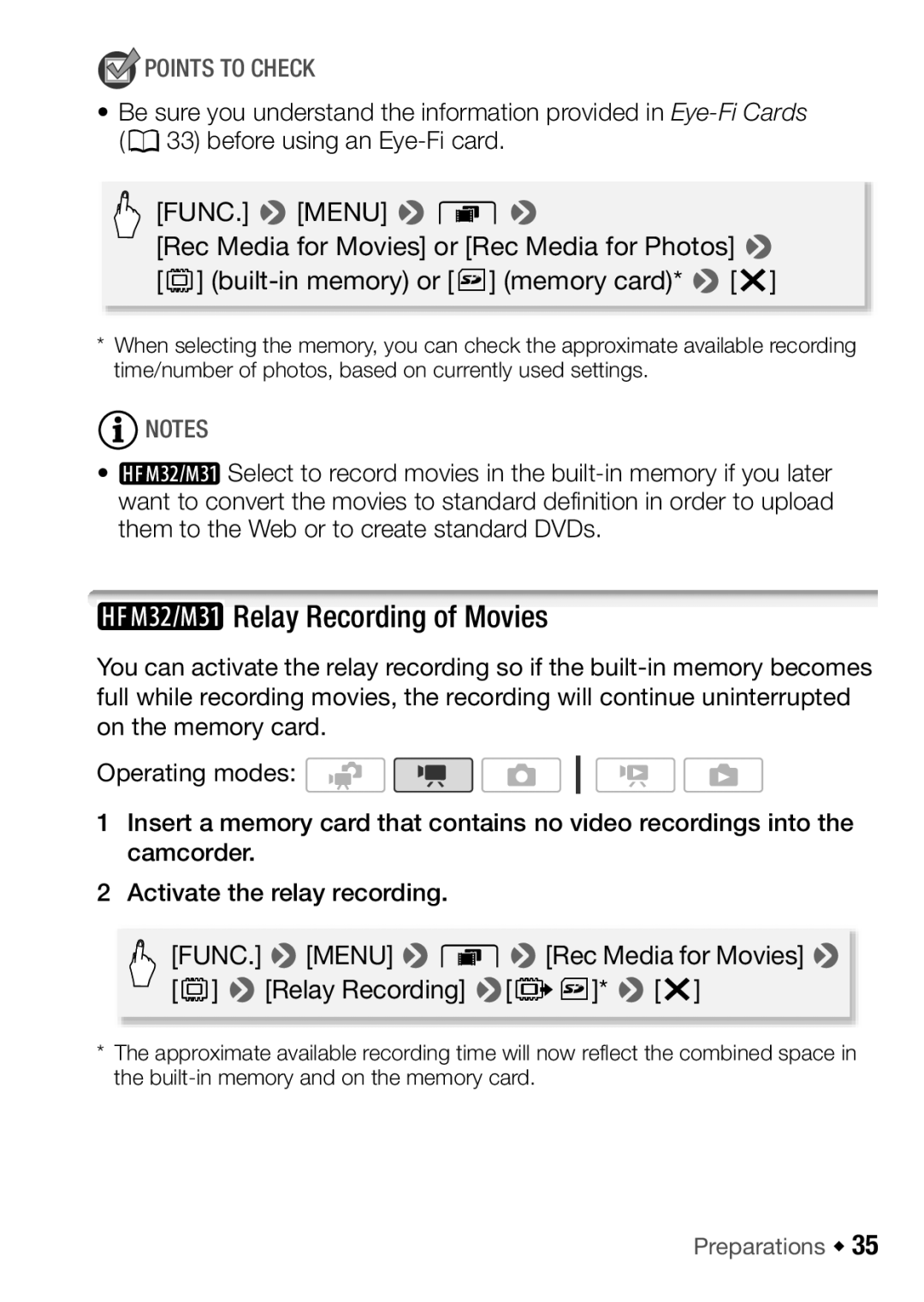 Canon HF M300, HFM32, HF M31 instruction manual Relay Recording of Movies, Points to Check 