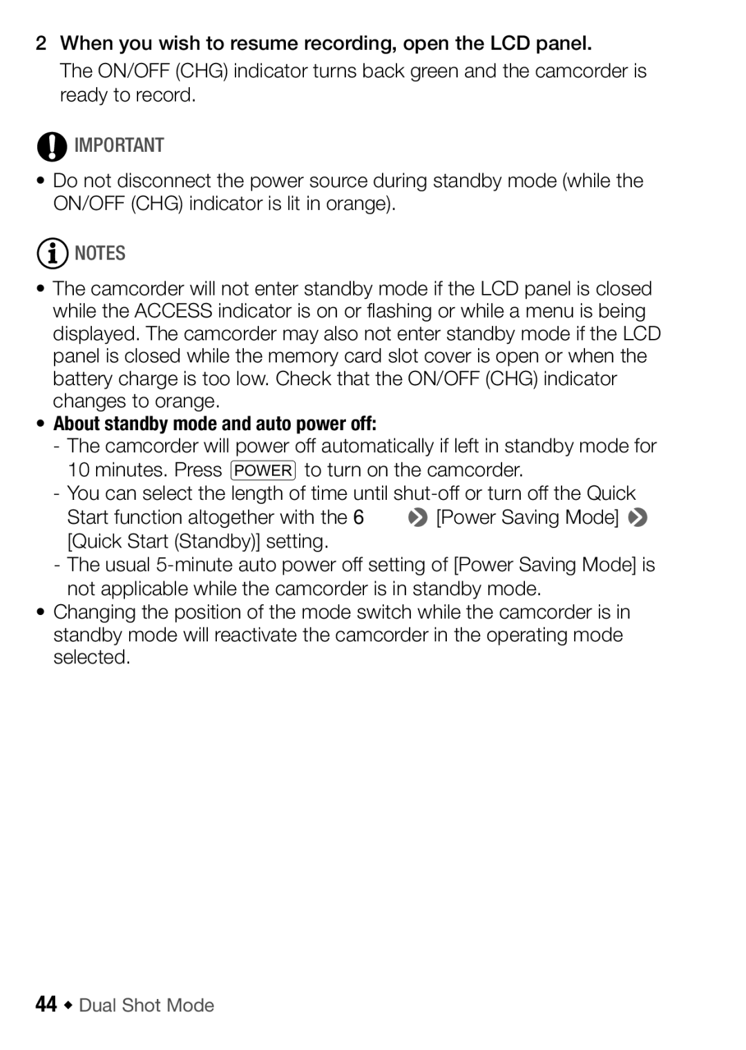 Canon HF M300, HFM32, HF M31 instruction manual About standby mode and auto power off, 44 Š Dual Shot Mode 