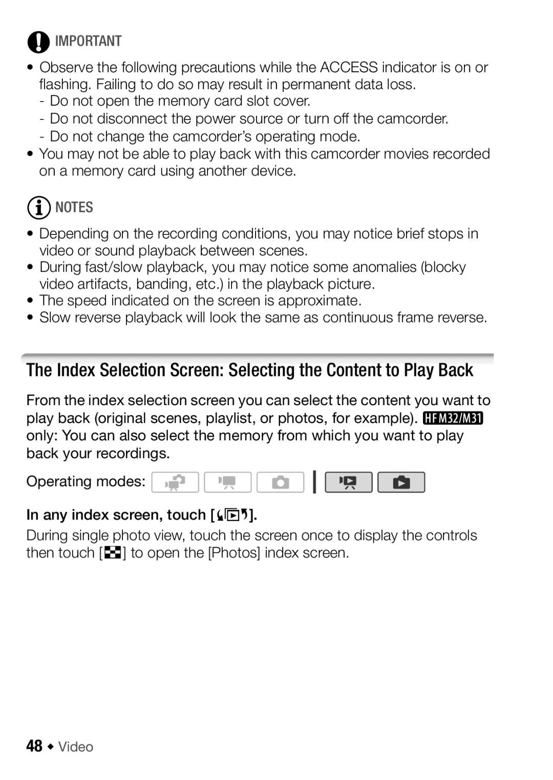 Canon HFM32, HF M31, HF M300 instruction manual Index Selection Screen Selecting the Content to Play Back, 48 Š Video 