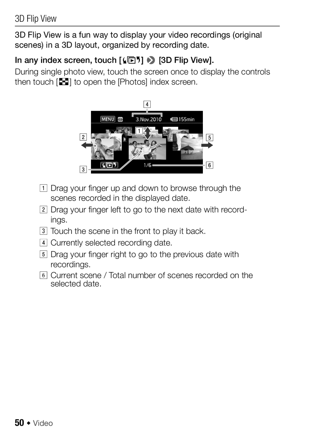 Canon HF M300, HFM32, HF M31 instruction manual 3D Flip View, 50 Š Video 