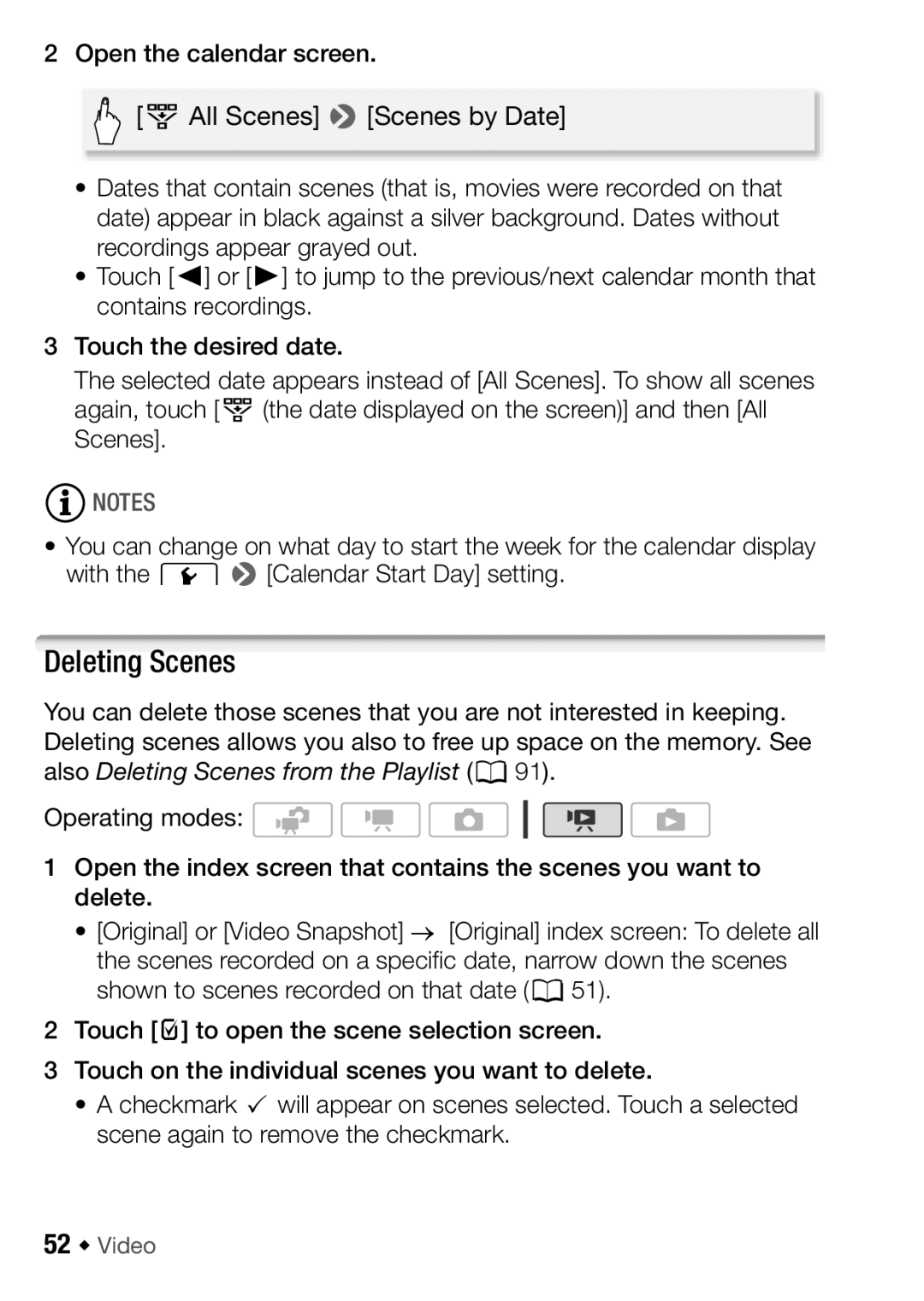 Canon HF M31, HFM32, HF M300 instruction manual Deleting Scenes, 52 Š Video 