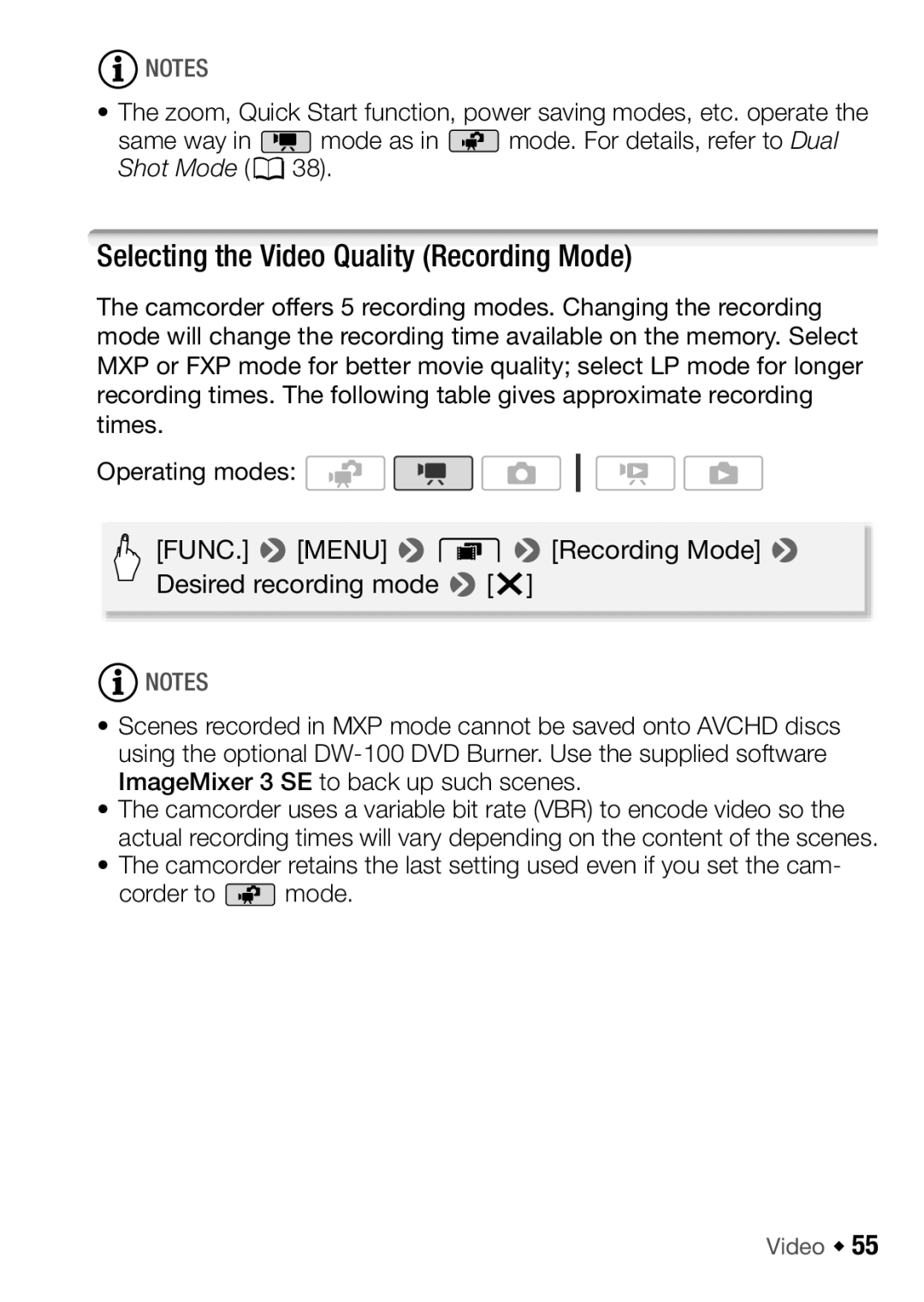 Canon HF M31, HFM32, HF M300 instruction manual Selecting the Video Quality Recording Mode 