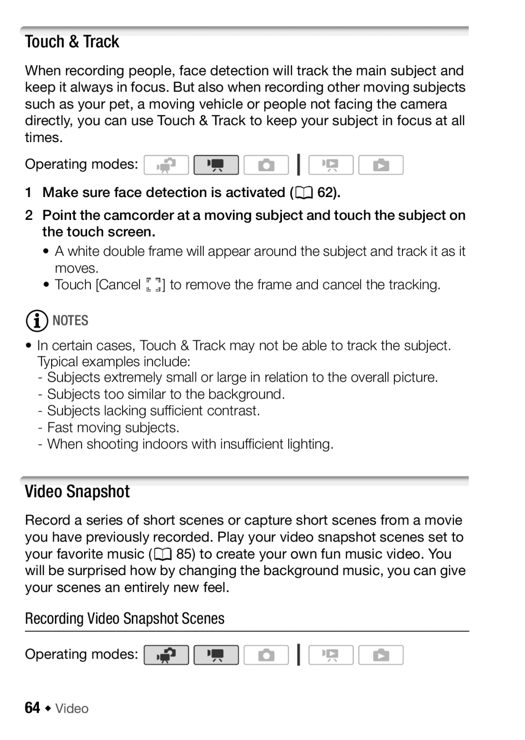 Canon HF M31, HFM32, HF M300 instruction manual Touch & Track, Recording Video Snapshot Scenes, 64 Š Video 