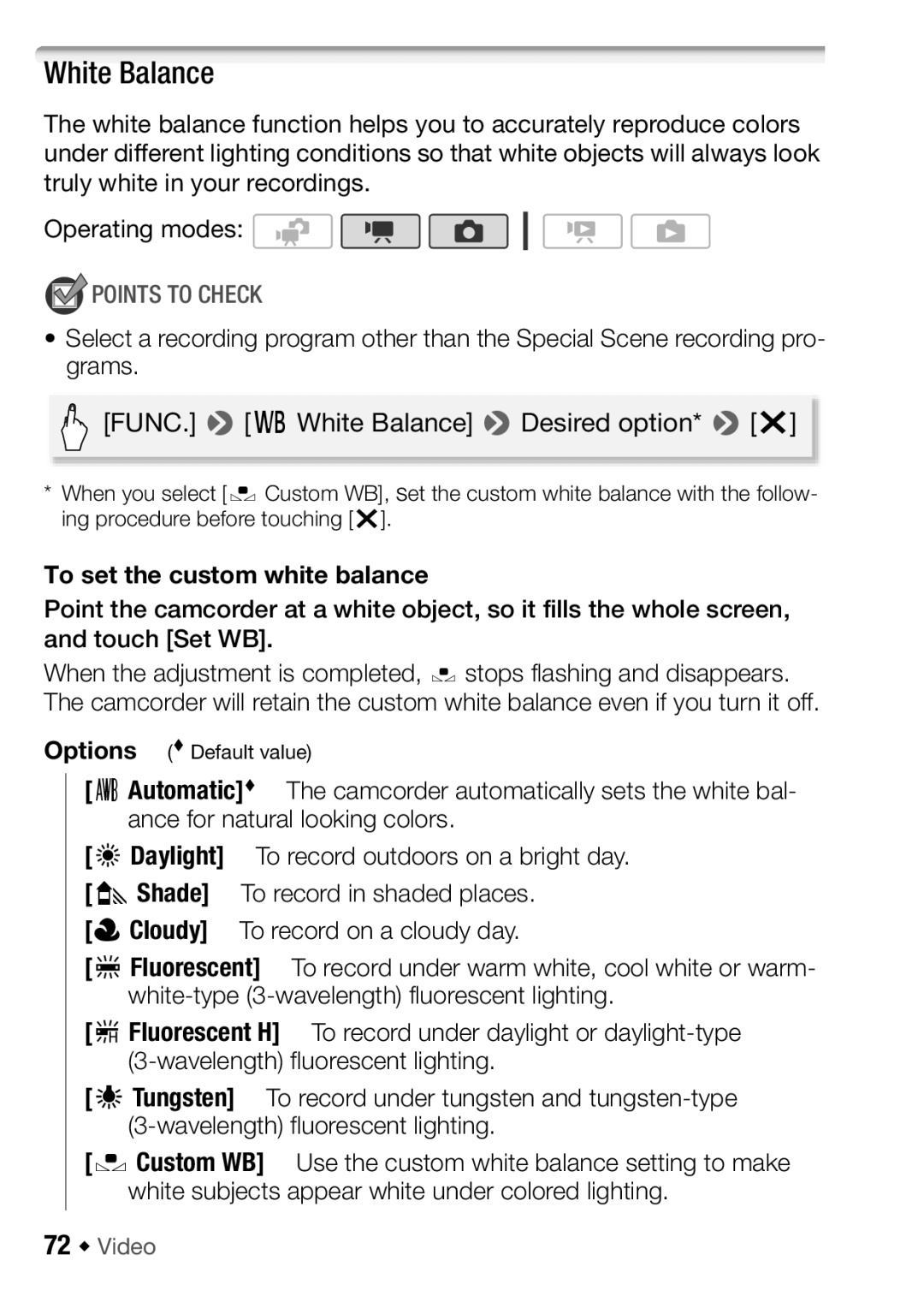 Canon HFM32, HF M31, HF M300 instruction manual White Balance, To set the custom white balance, 72 Š Video 