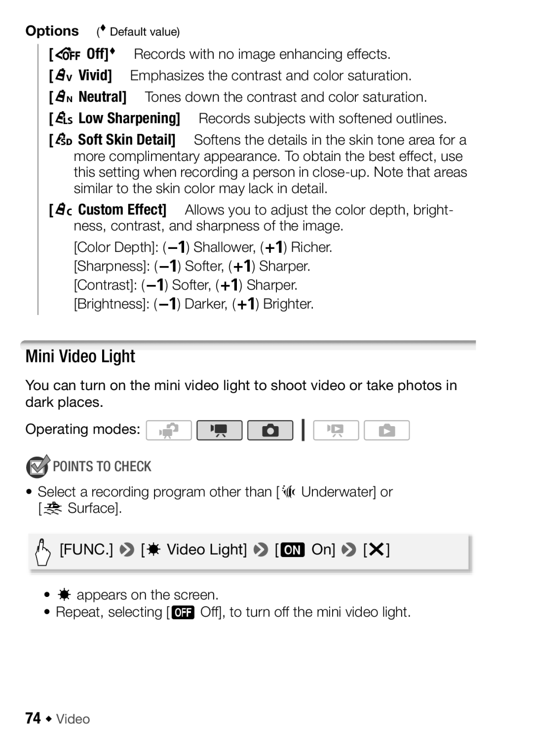 Canon HF M300, HFM32, HF M31 instruction manual Mini Video Light, 74 Š Video 