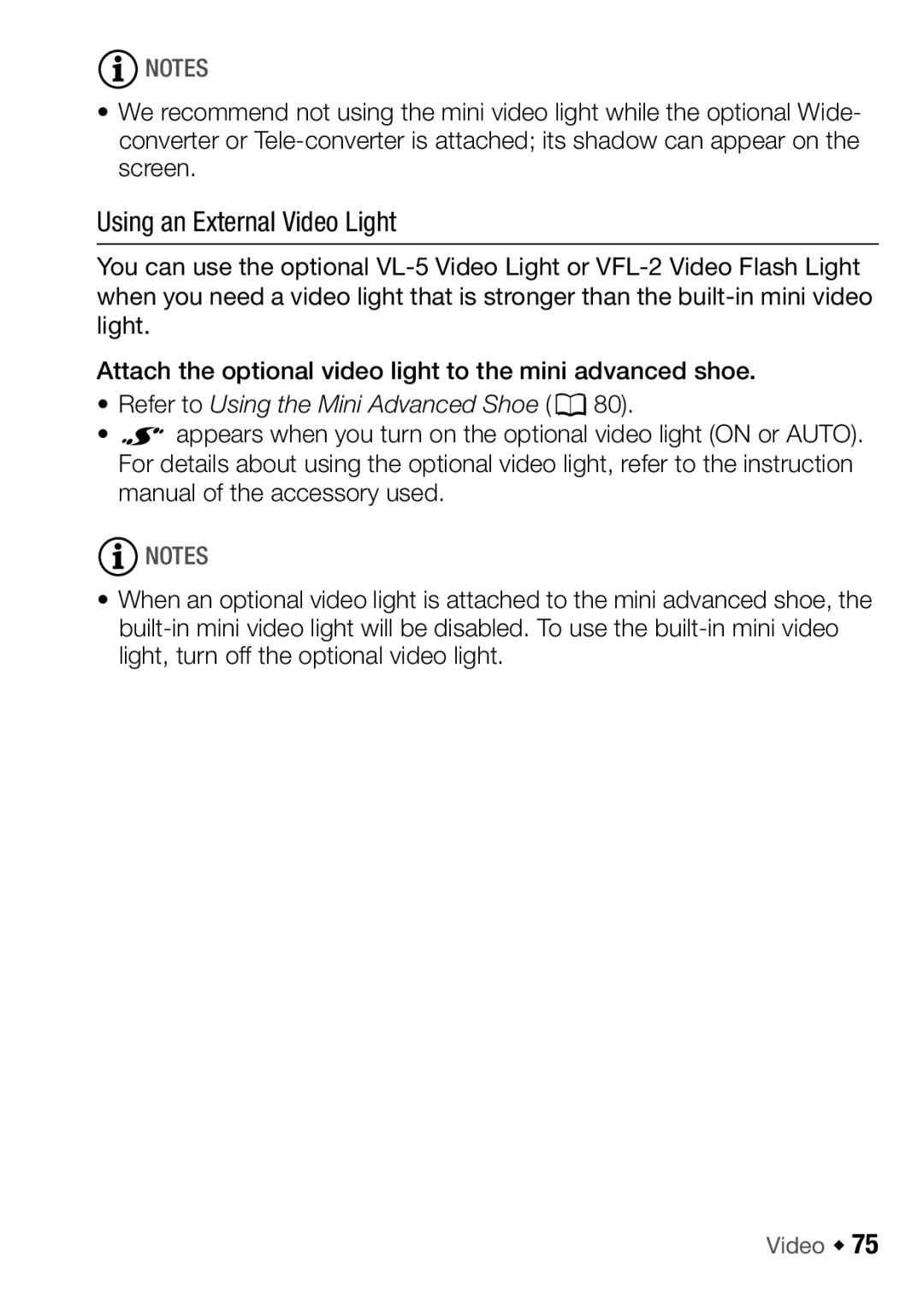 Canon HFM32, HF M31, HF M300 instruction manual Using an External Video Light, Refer to Using the Mini Advanced Shoe 