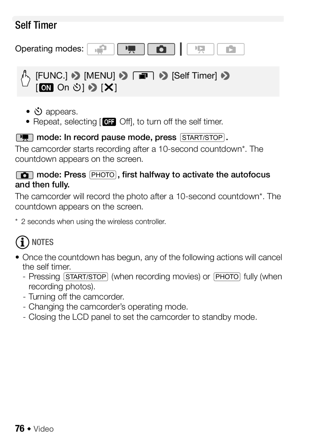 Canon HF M31, HFM32, HF M300 instruction manual Self Timer, 76 Š Video, Seconds when using the wireless controller 