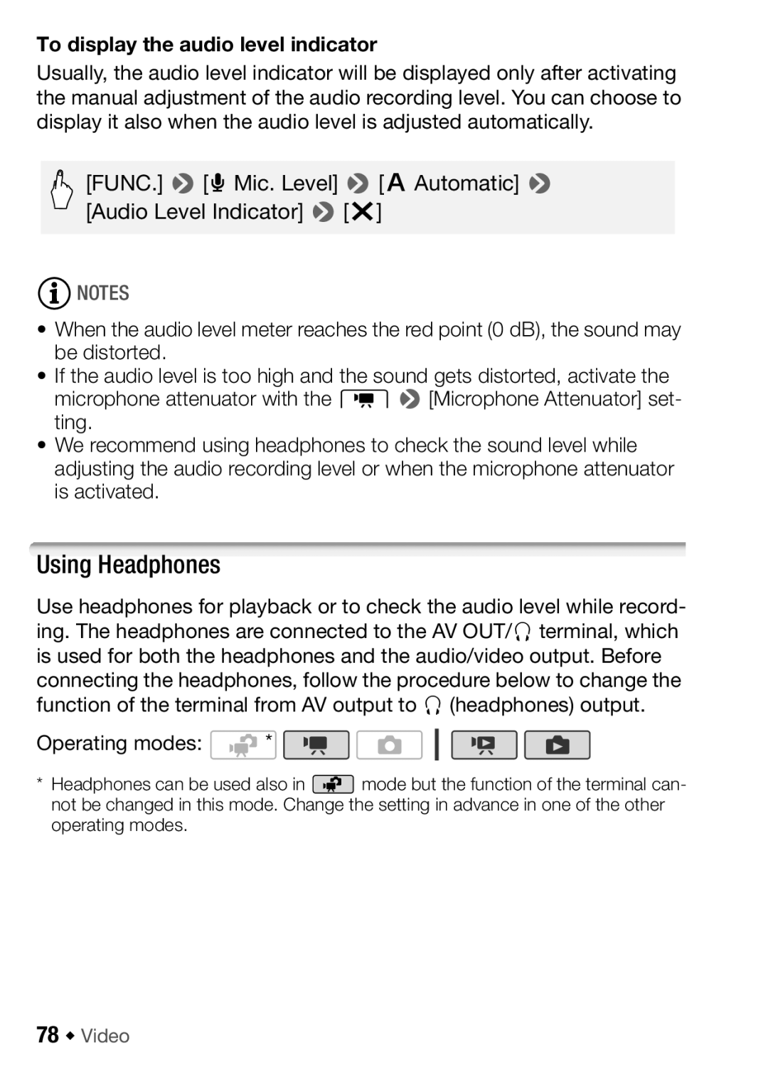 Canon HFM32, HF M31, HF M300 instruction manual Using Headphones, To display the audio level indicator, 78 Š Video 