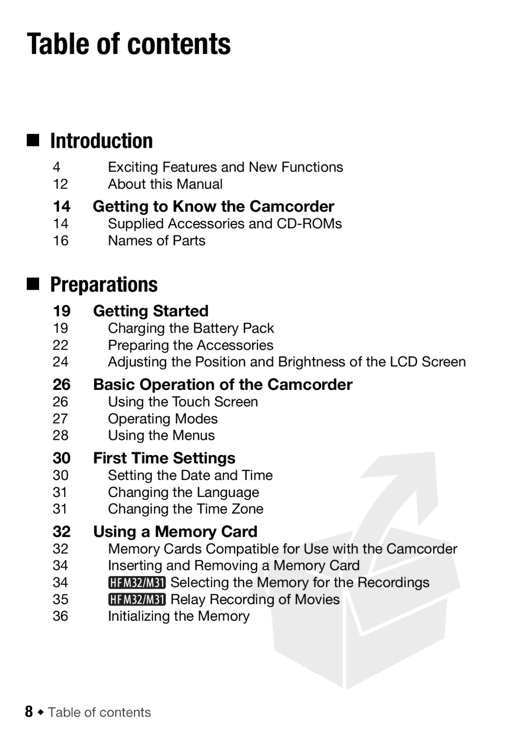 Canon HF M300, HFM32, HF M31 instruction manual Table of contents 